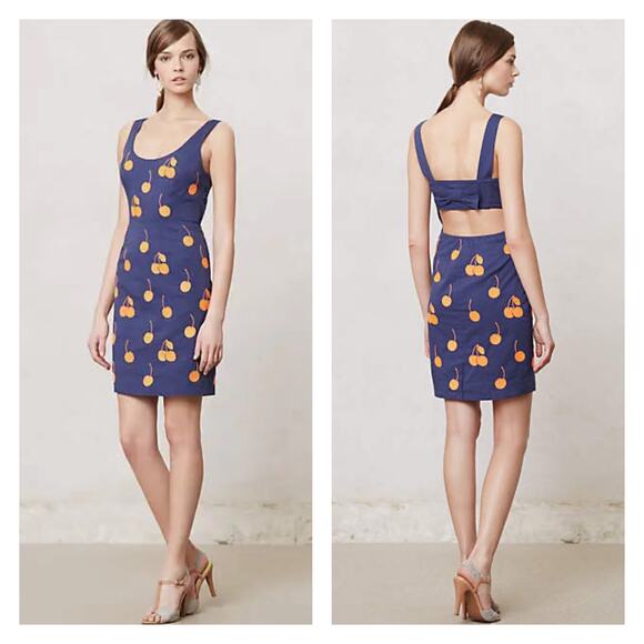 Anthropologie Dresses & Skirts - ANTHROPOLOGIE LEIFNOTES Dress Womens 2 Blue Orange Cherry Embroidered Bow NWT